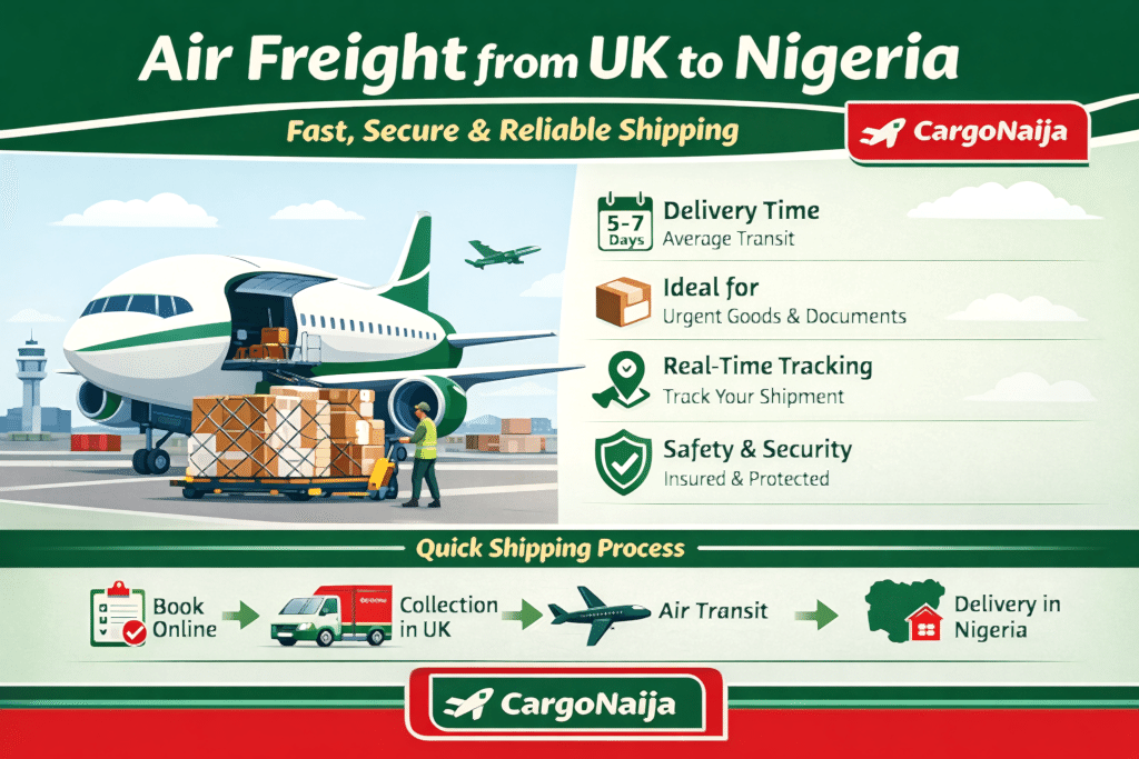 Air freight from UK to Nigeria showing cargo loaded onto aircraft with Cargonaija branded shipping boxes for fast door to door delivery