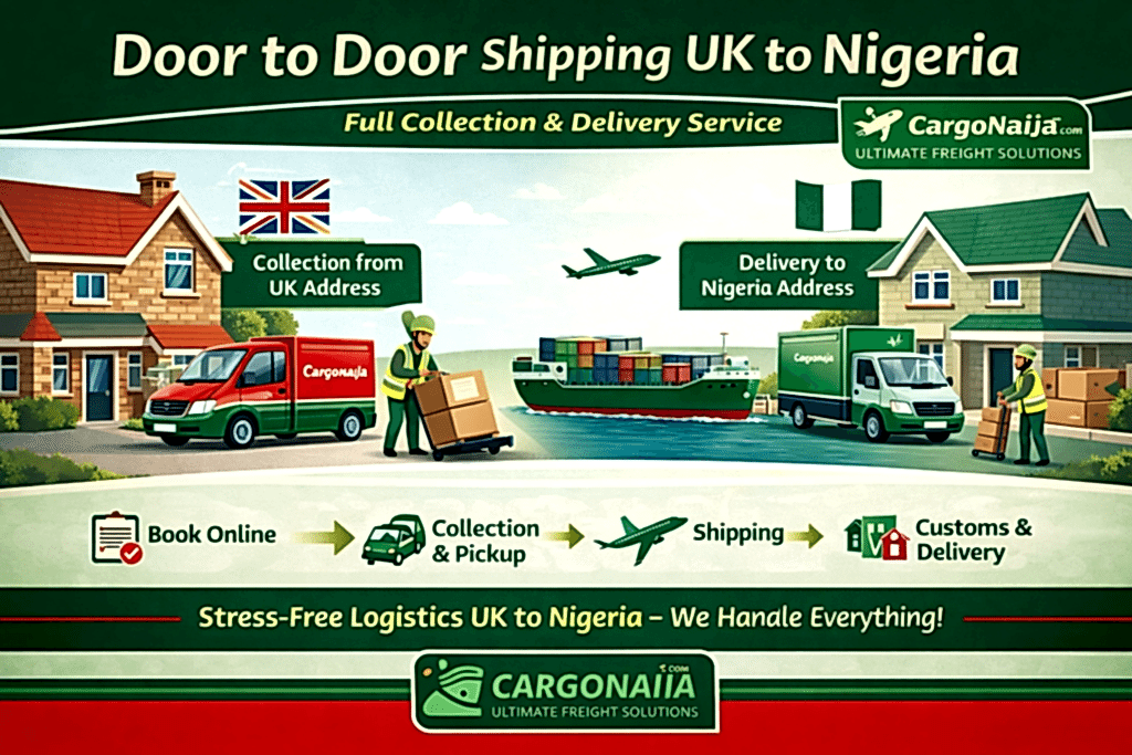 Door to door shipping from UK to Nigeria showing Cargonaija collection van, cargo shipment, and final delivery in Nigeria