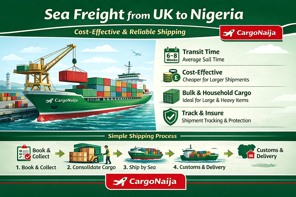Sea freight from UK to Nigeria showing Cargonaija branded container ship transporting bulk cargo for affordable shipping
