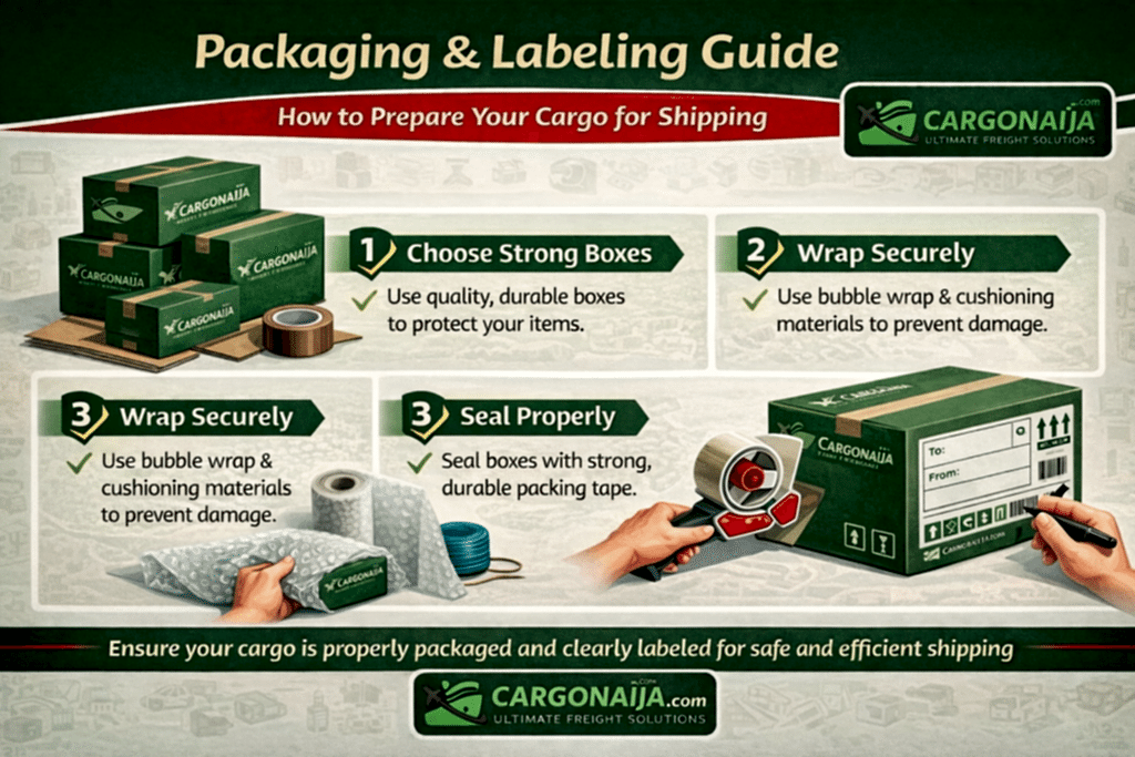 Cargonaija signature branded boxes showing correct packaging and labelling guide for shipping from UK to Nigeria