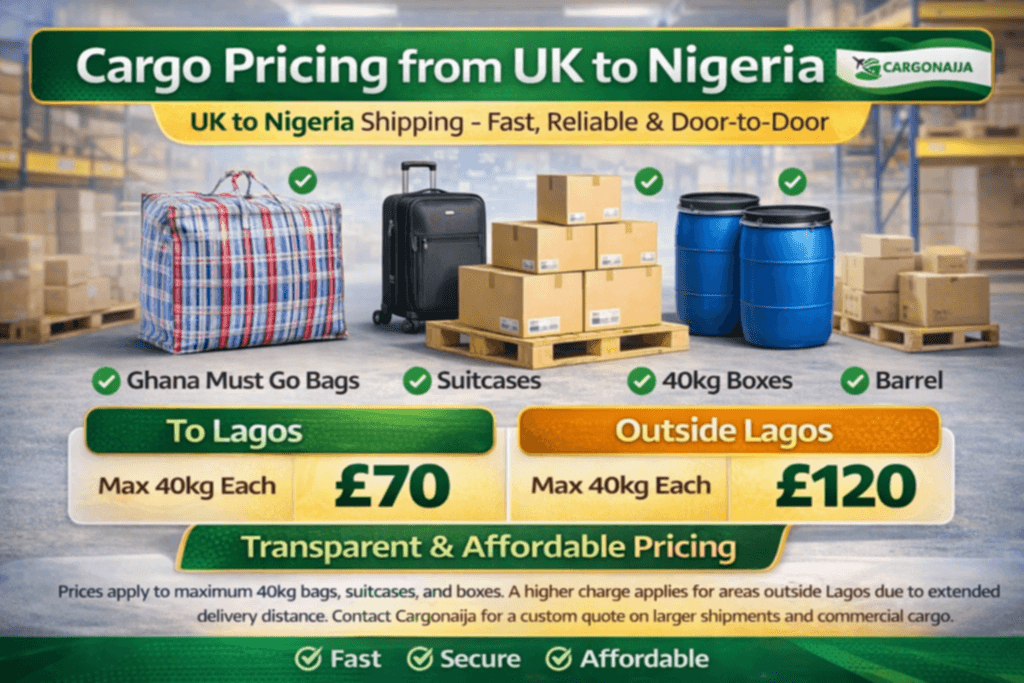 cargo pricing from UK to Nigeria shipping cost Ghana must go bags suitcases boxes barrels cargonaija
