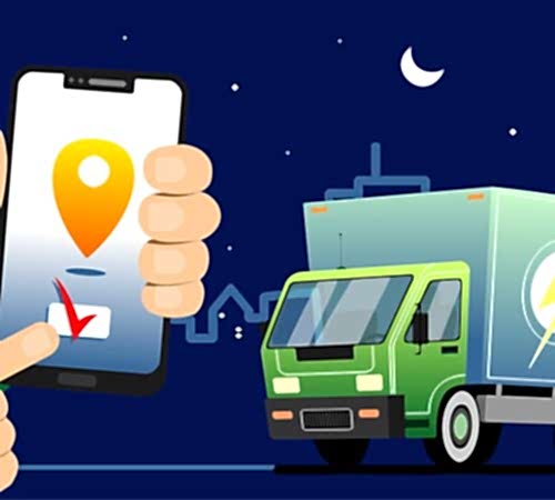 Online service app of fast round-the-clock, night delivery on a smartphone; truck with order delivery. Man tracking an order using a smartphone; city street in the background. Online service app of fast round-the-clock, night delivery on a smartphone; truck with order delivery. Man tracking an order using a smartphone; city street in the background.