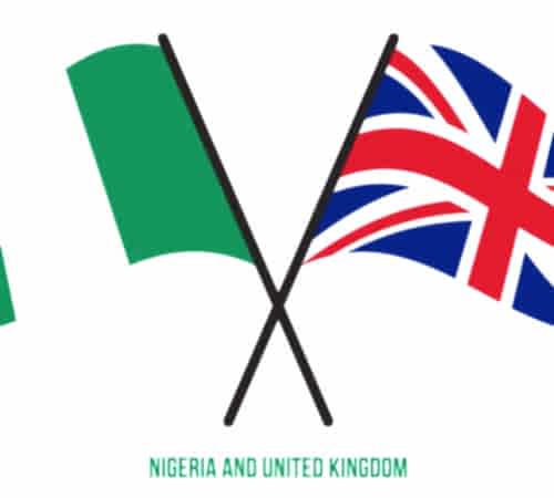 Nigeria and United Kingdom Flags Crossed And Waving Flat Style. Official Proportion. Correct Colors Nigeria and United Kingdom Flags Crossed And Waving Flat Style. Official Proportion. Correct Colors.